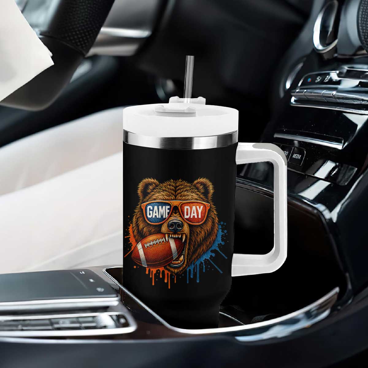 Cool Game Day Bear Graphic Tumbler With Handle Bold Football Fan Dripping Paint TS02 Print Your Wear