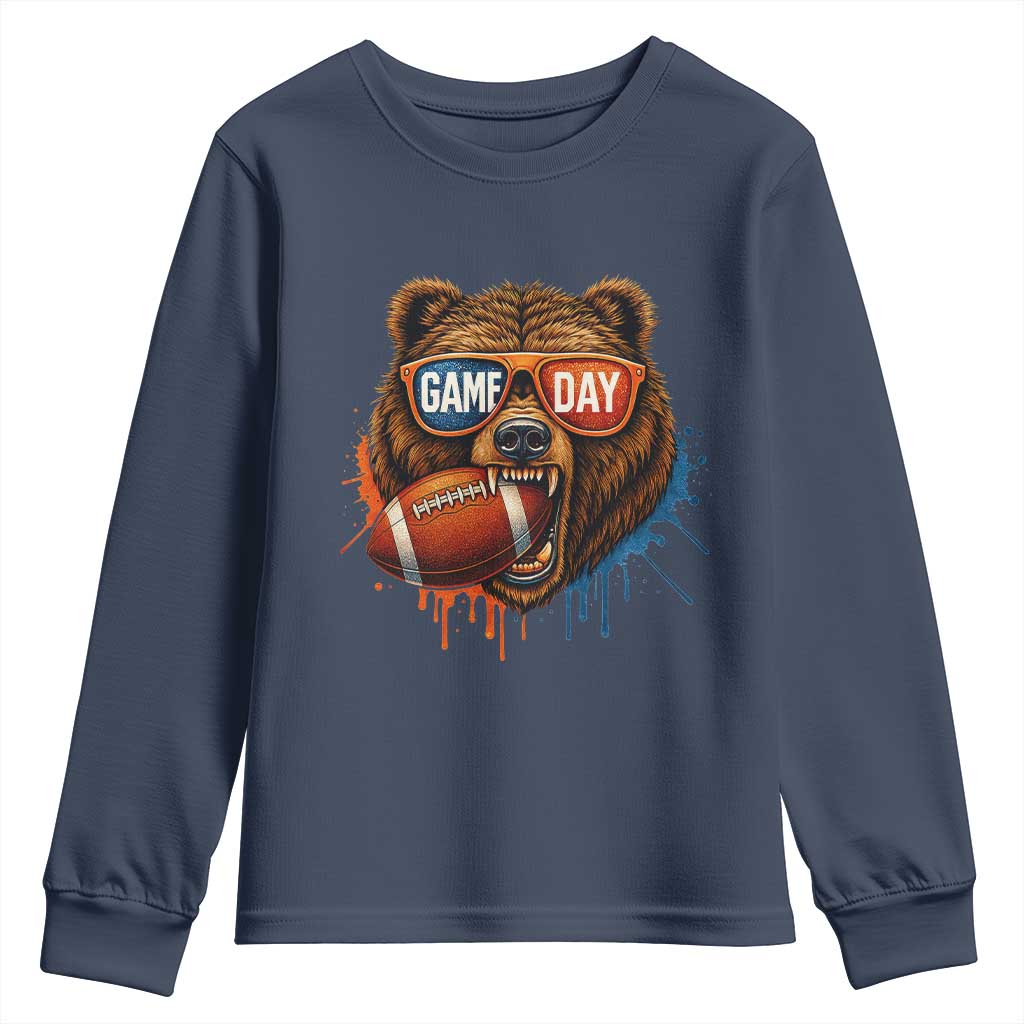 Cool Game Day Bear Graphic Youth Sweatshirt Bold Football Fan Dripping Paint TS02 Navy Print Your Wear