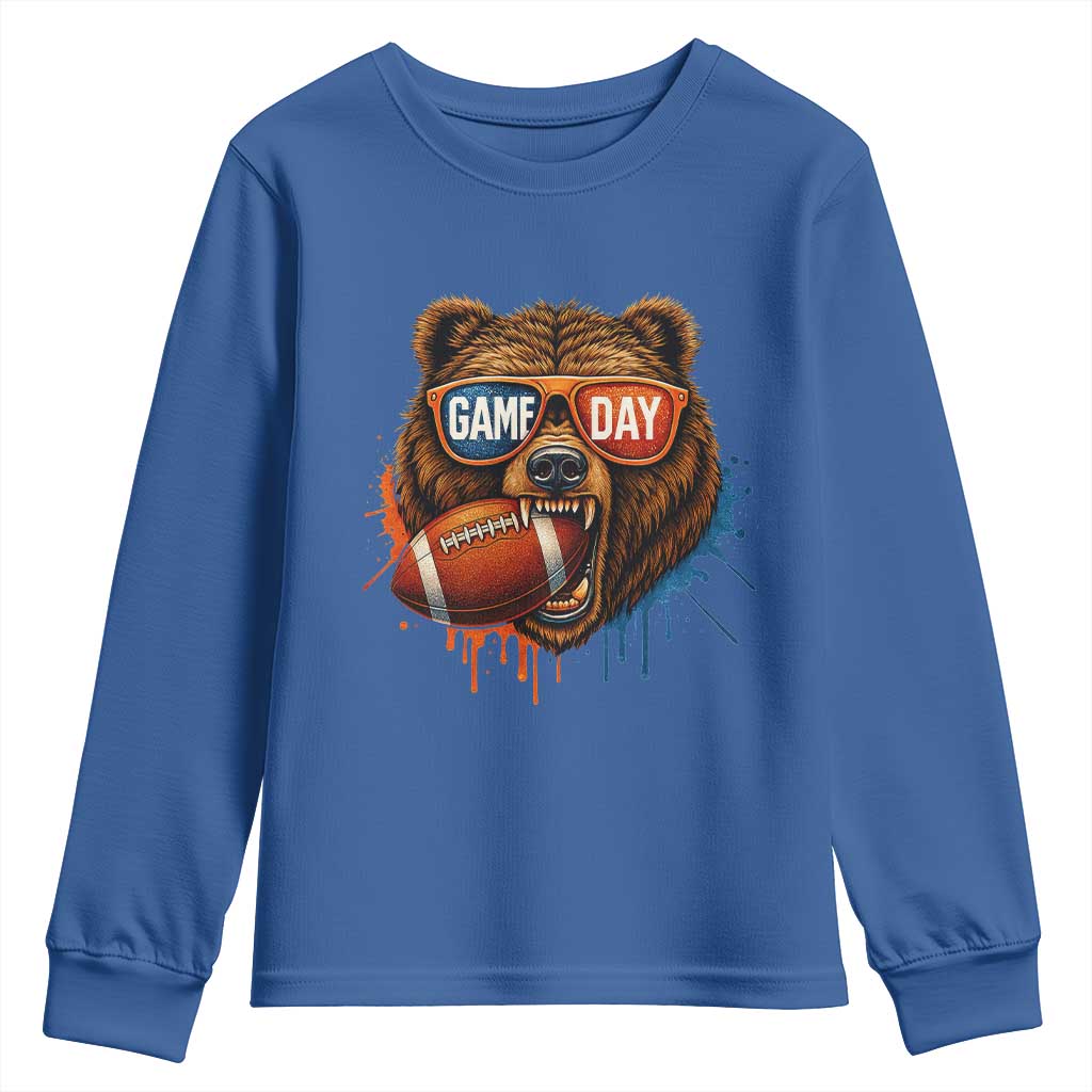 Cool Game Day Bear Graphic Youth Sweatshirt Bold Football Fan Dripping Paint TS02 Royal Blue Print Your Wear