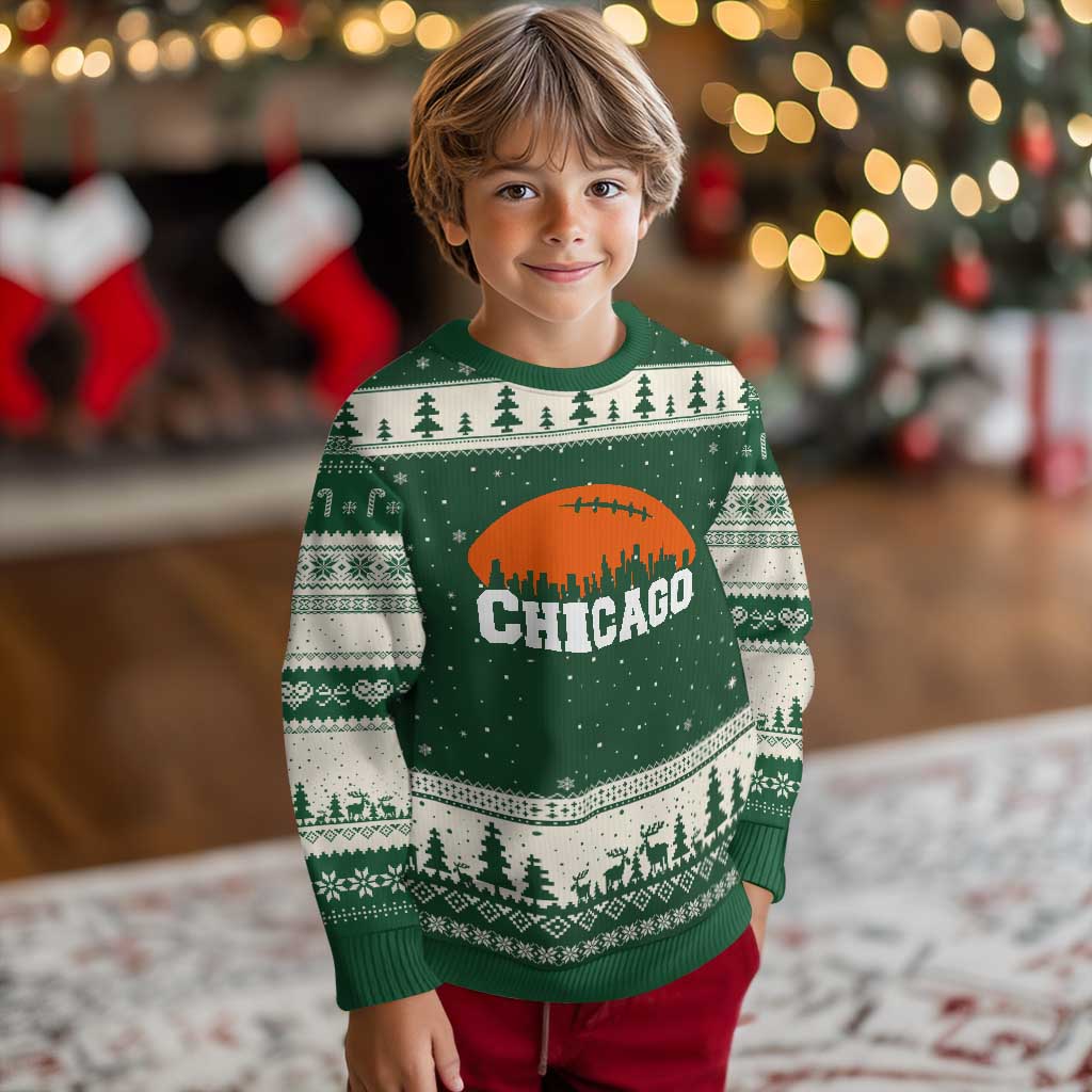 Chicago Skyline Football Graphic Ugly Christmas Sweater Bold Windy City Fan Art for Game Days TS02 Forest Green Beige Print Your Wear