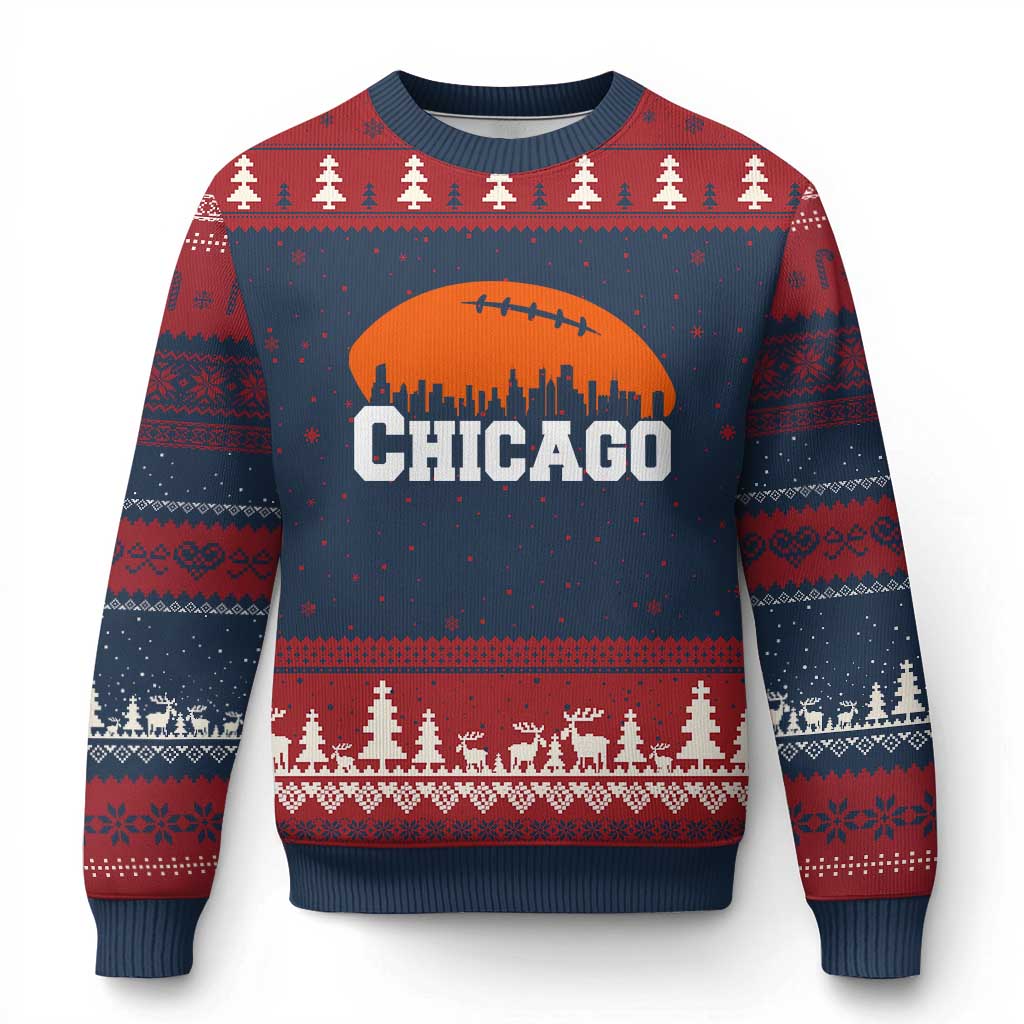 Chicago Skyline Football Graphic Ugly Christmas Sweater Bold Windy City Fan Art for Game Days TS02 Navy Red Print Your Wear