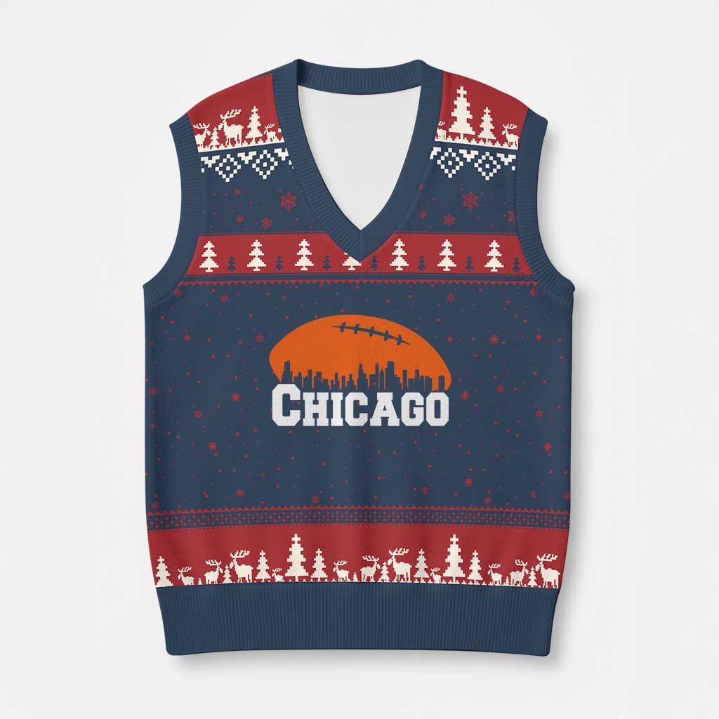 Chicago Skyline Football Graphic V-Neck Knit Sweater Vest Bold Windy City Fan Art for Game Days TS02 Navy Red Print Your Wear