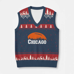 Chicago Skyline Football Graphic V-Neck Knit Sweater Vest Bold Windy City Fan Art for Game Days TS02 Navy Red Print Your Wear