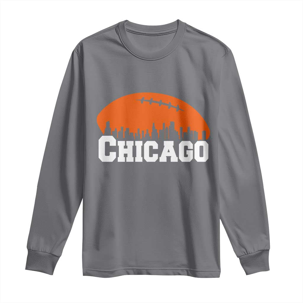 Chicago Skyline Football Graphic Long Sleeve Shirt Bold Windy City Fan Art for Game Days TS02 Charcoal Print Your Wear