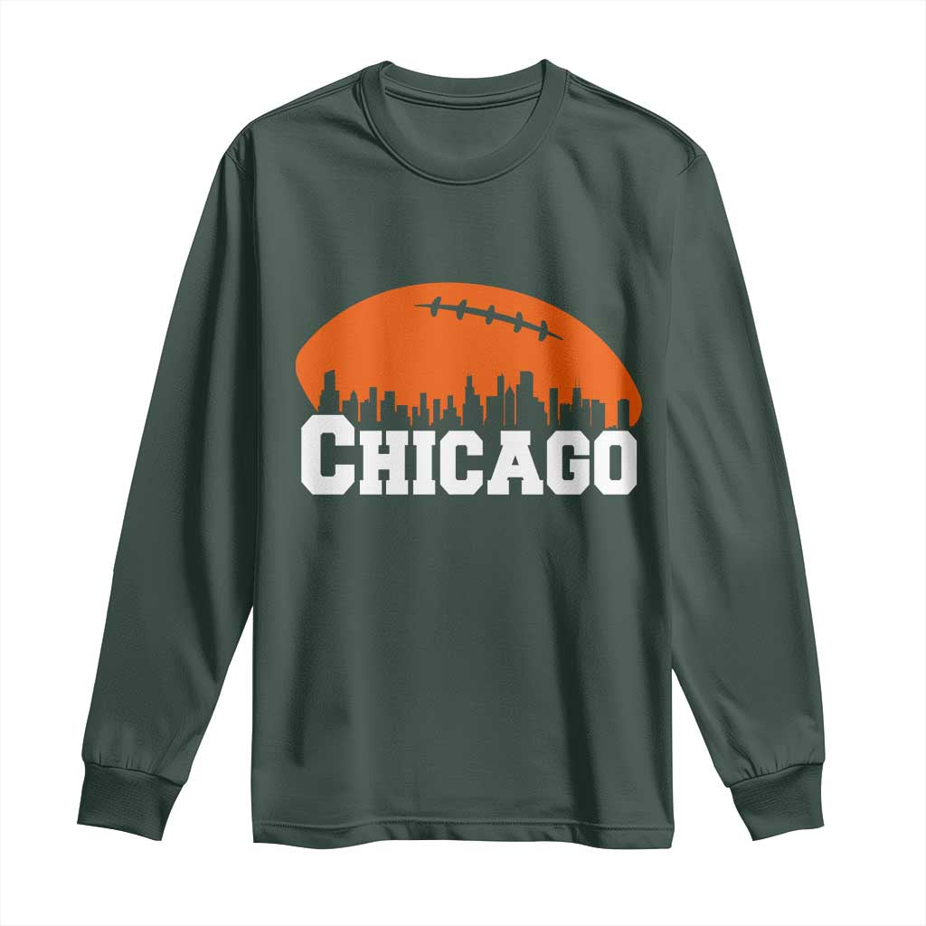 Chicago Skyline Football Graphic Long Sleeve Shirt Bold Windy City Fan Art for Game Days TS02 Dark Forest Green Print Your Wear