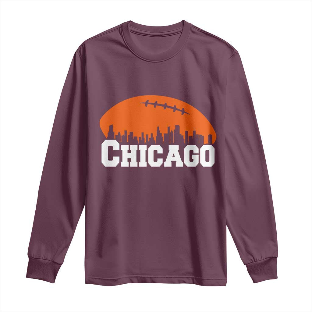 Chicago Skyline Football Graphic Long Sleeve Shirt Bold Windy City Fan Art for Game Days TS02 Maroon Print Your Wear