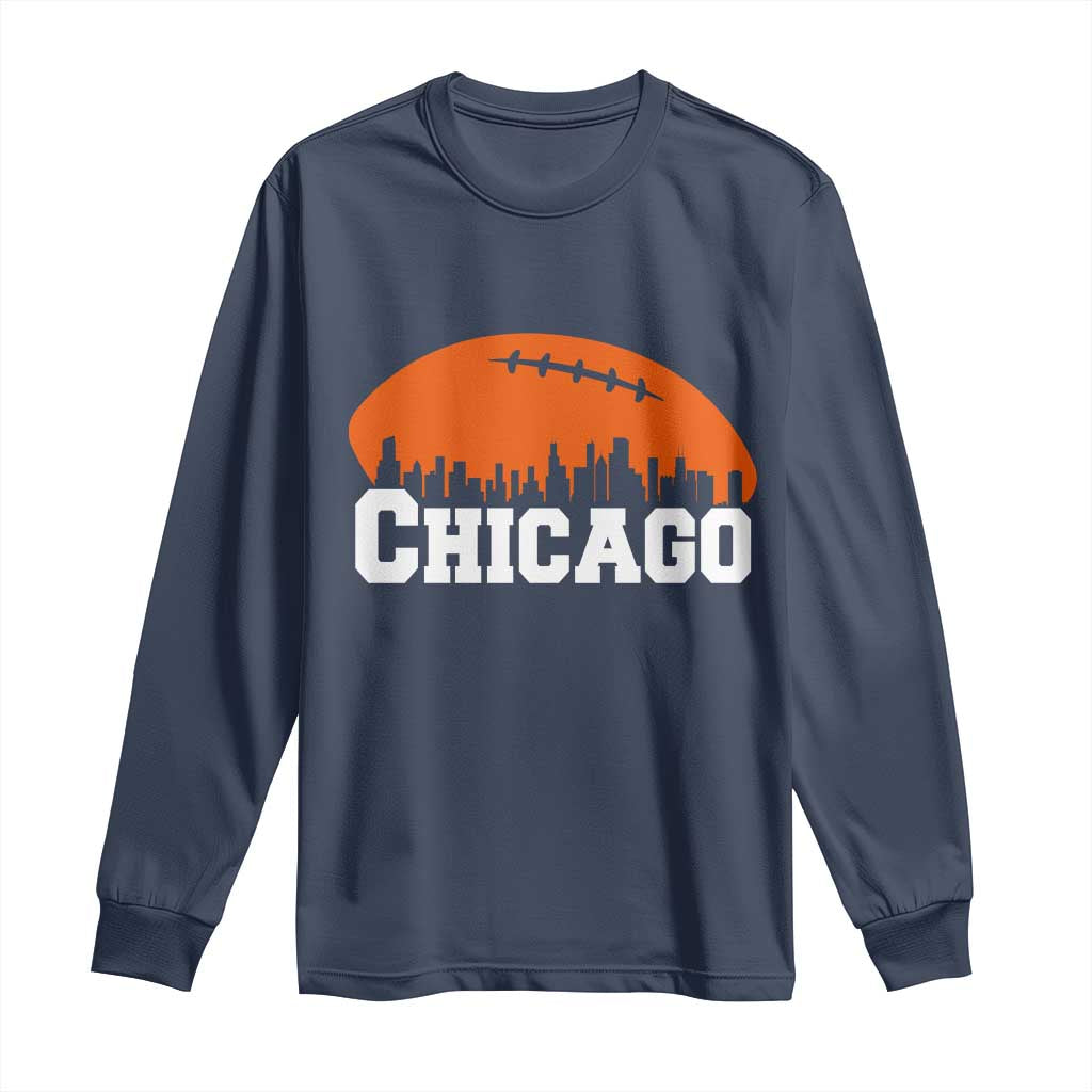 Chicago Skyline Football Graphic Long Sleeve Shirt Bold Windy City Fan Art for Game Days TS02 Navy Print Your Wear