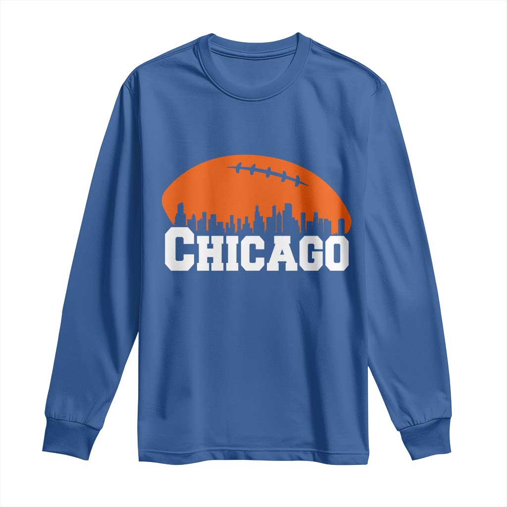 Chicago Skyline Football Graphic Long Sleeve Shirt Bold Windy City Fan Art for Game Days TS02 Royal Blue Print Your Wear