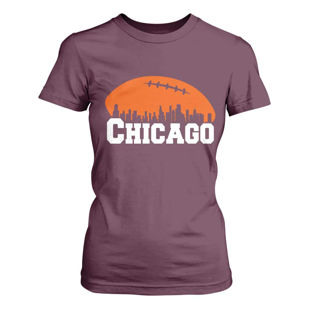 Chicago Skyline Football Graphic T Shirt For Women Bold Windy City Fan Art for Game Days TS02 Maroon Print Your Wear