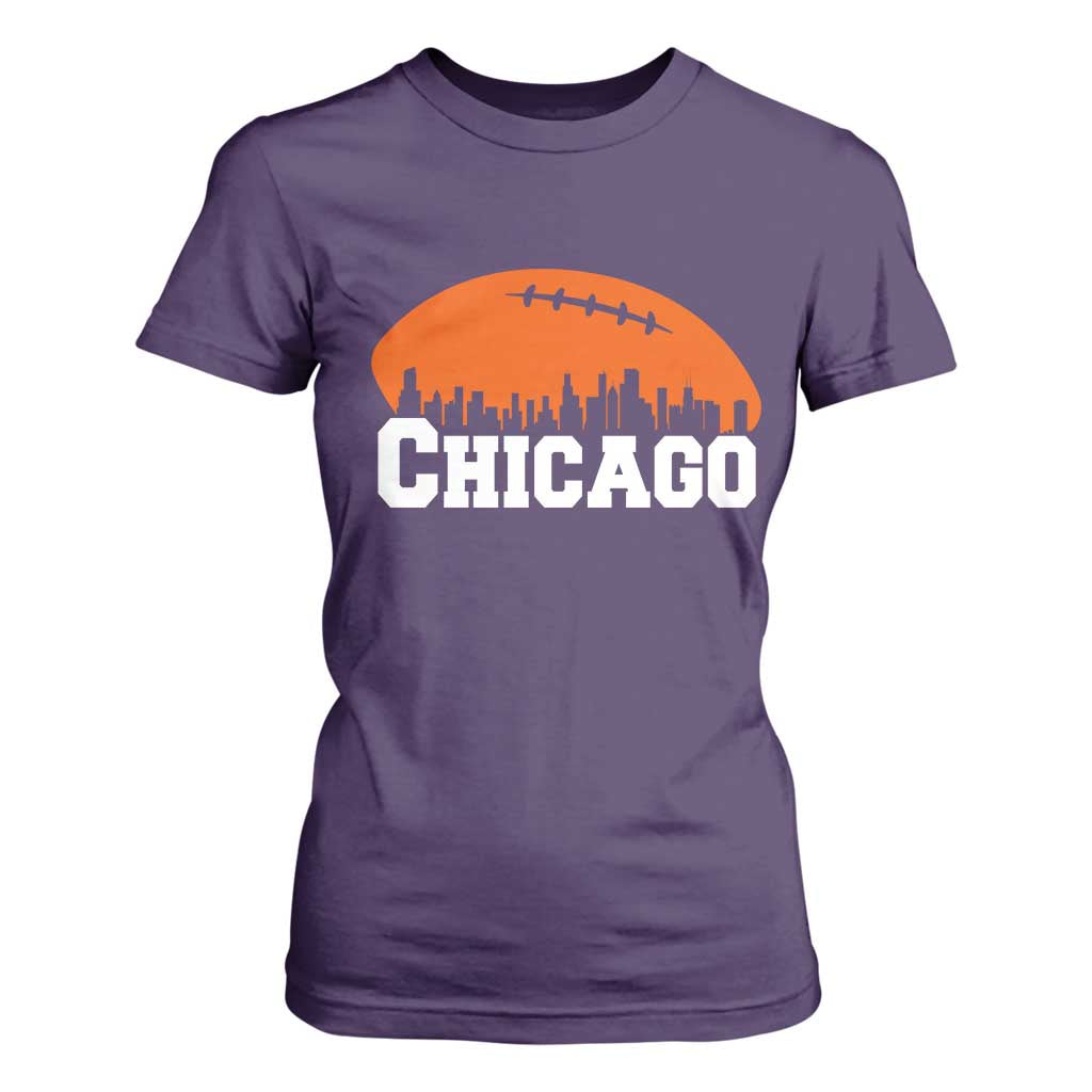 Chicago Skyline Football Graphic T Shirt For Women Bold Windy City Fan Art for Game Days TS02 Purple Print Your Wear