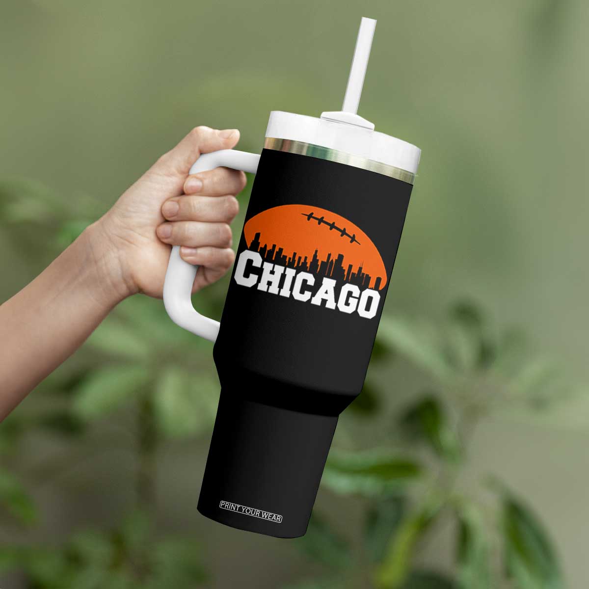 Chicago Skyline Football Graphic Tumbler With Handle Bold Windy City Fan Art for Game Days TS02 Print Your Wear