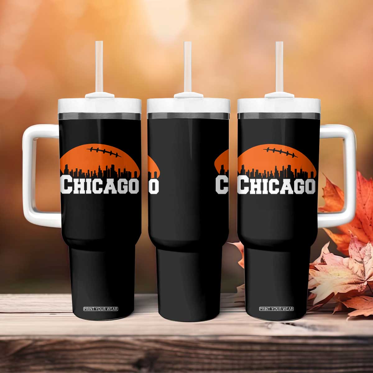 Chicago Skyline Football Graphic Tumbler With Handle Bold Windy City Fan Art for Game Days TS02 Print Your Wear