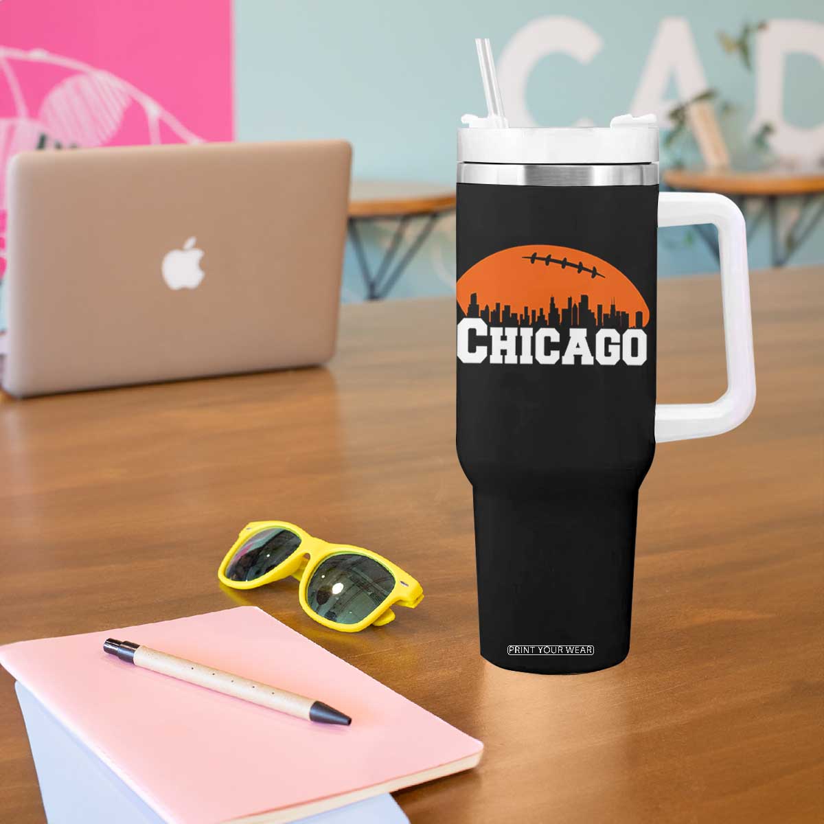 Chicago Skyline Football Graphic Tumbler With Handle Bold Windy City Fan Art for Game Days TS02 Print Your Wear