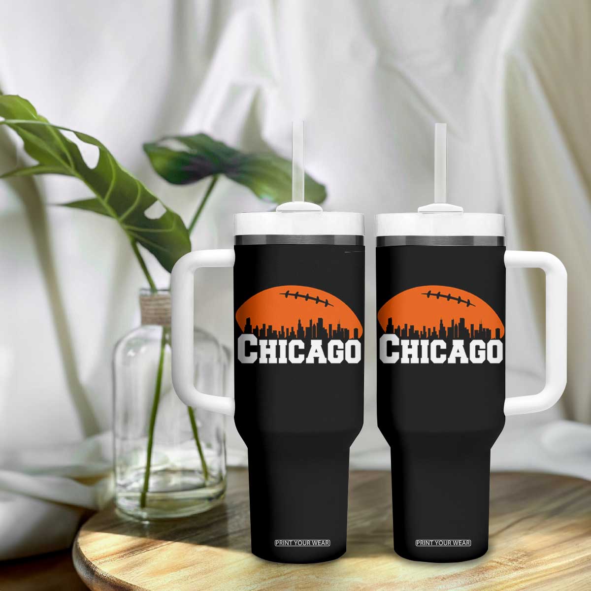 Chicago Skyline Football Graphic Tumbler With Handle Bold Windy City Fan Art for Game Days TS02 Print Your Wear
