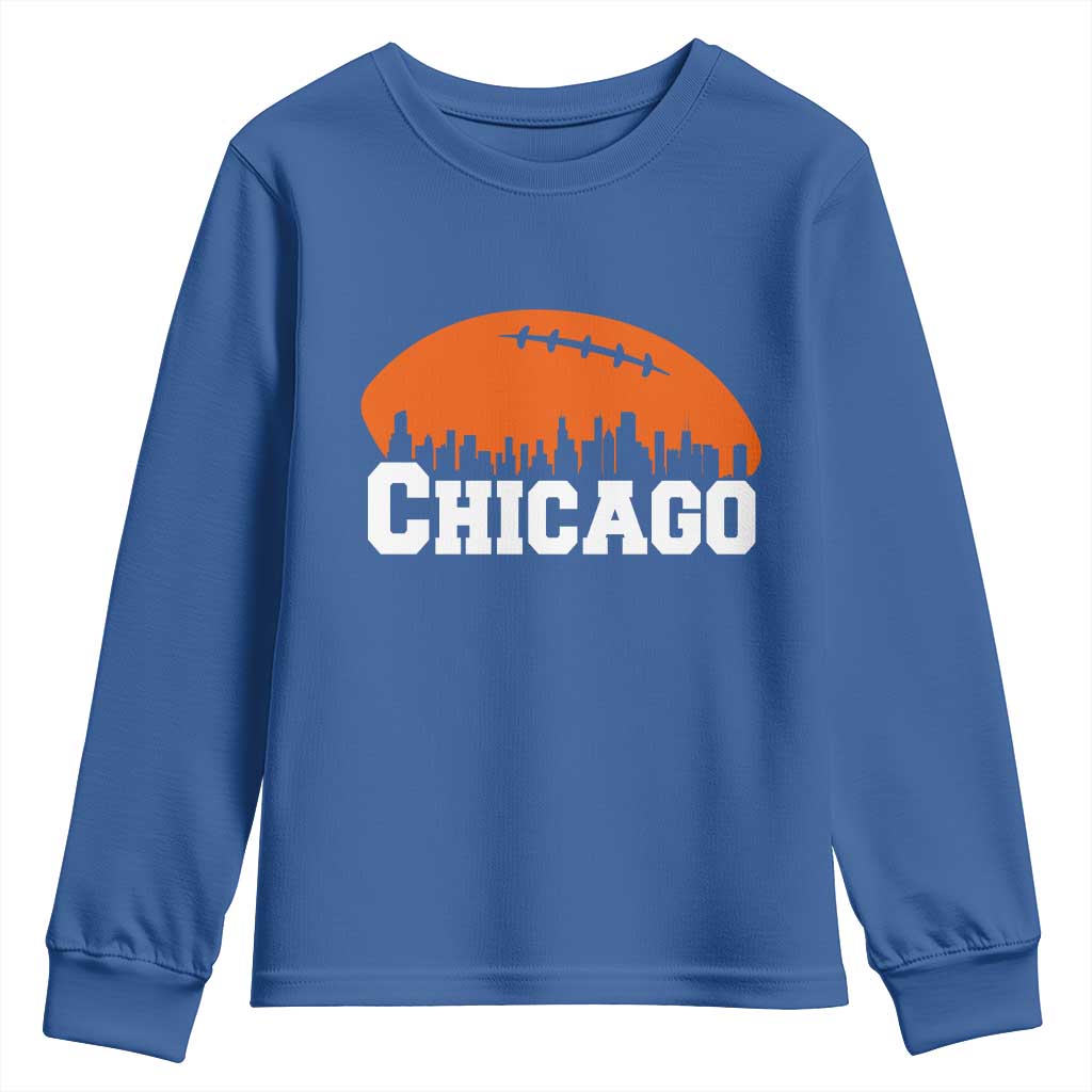 Chicago Skyline Football Graphic Youth Sweatshirt Bold Windy City Fan Art for Game Days TS02 Royal Blue Print Your Wear