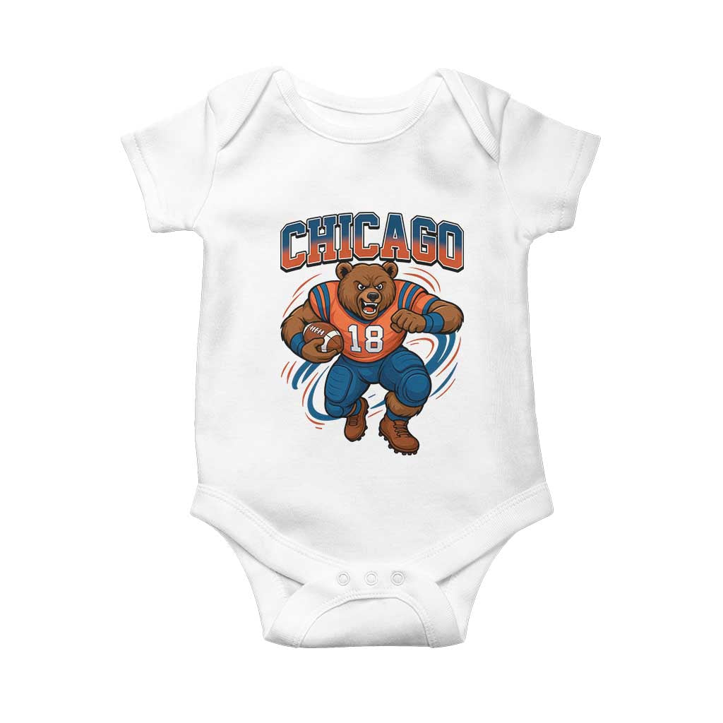 Fierce Football Bear Baby Onesie Chicago Fan Number 18 Bold Orange Game Day Spirit TS02 White Print Your Wear