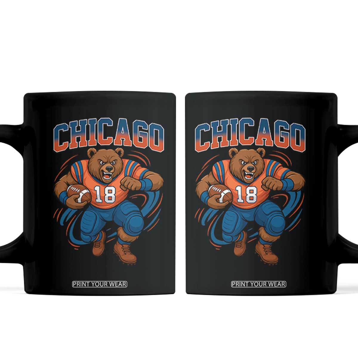 Fierce Football Bear Coffee Mug Chicago Fan Number 18 Bold Orange Game Day Spirit TS02 Black Print Your Wear
