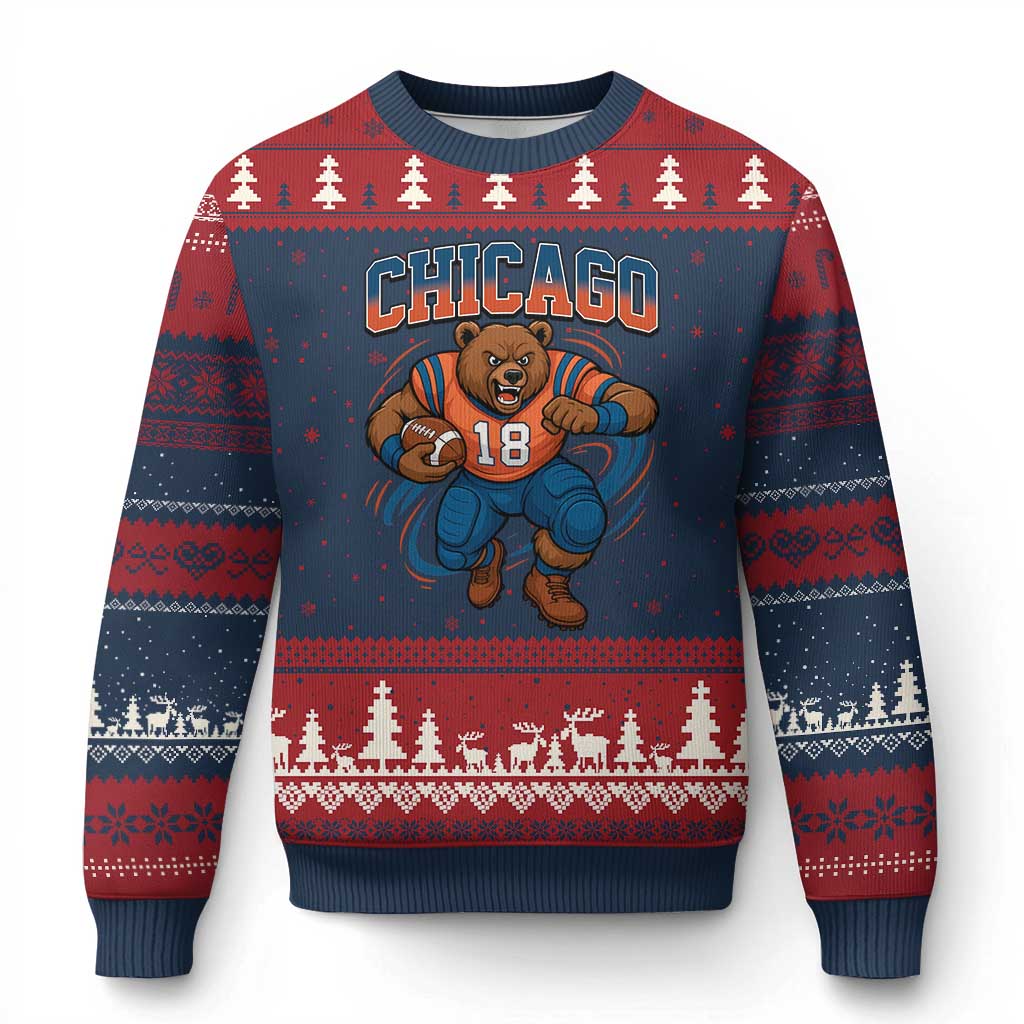 Fierce Football Bear Ugly Christmas Sweater Chicago Fan Number 18 Bold Orange Game Day Spirit TS02 Navy Red Print Your Wear