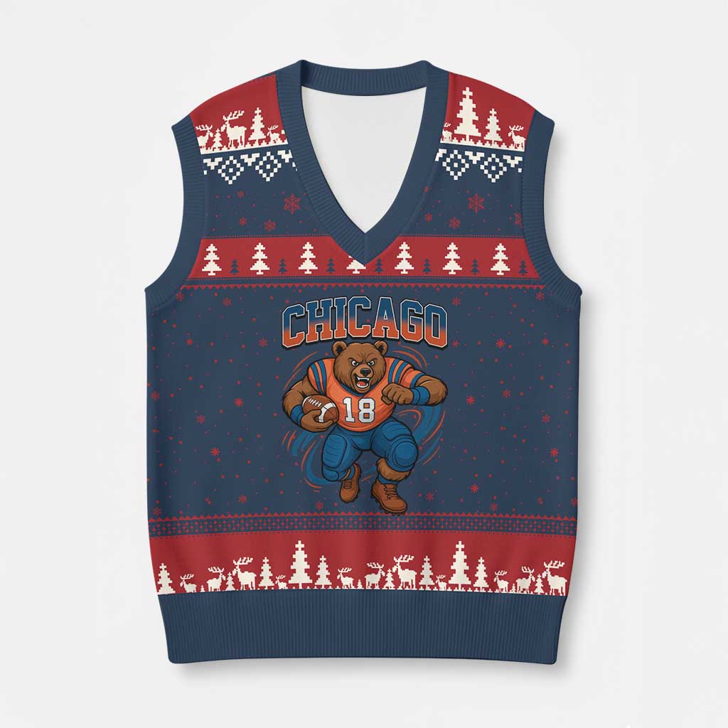 Fierce Football Bear V-Neck Knit Sweater Vest Chicago Fan Number 18 Bold Orange Game Day Spirit TS02 Navy Red Print Your Wear