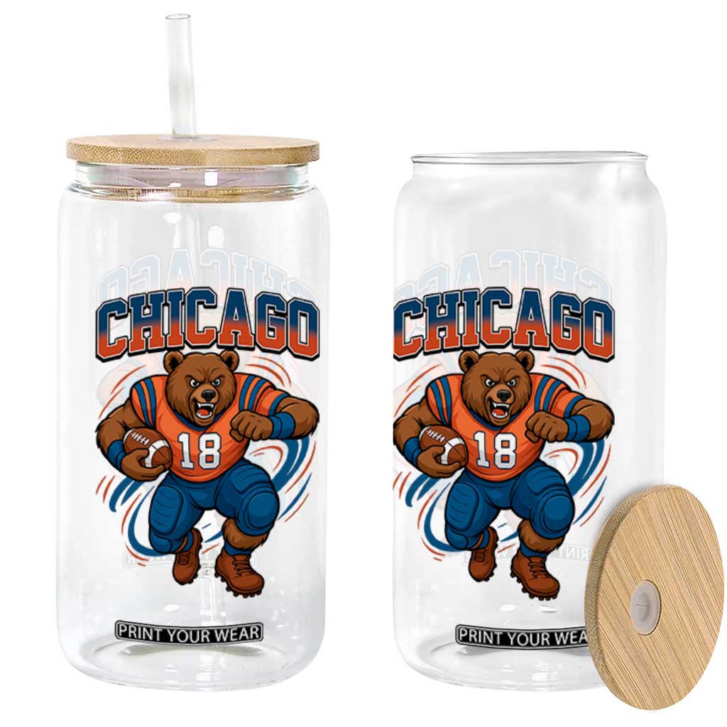 Fierce Football Bear Glass Can Chicago Fan Number 18 Bold Orange Game Day Spirit TS02 Print Your Wear