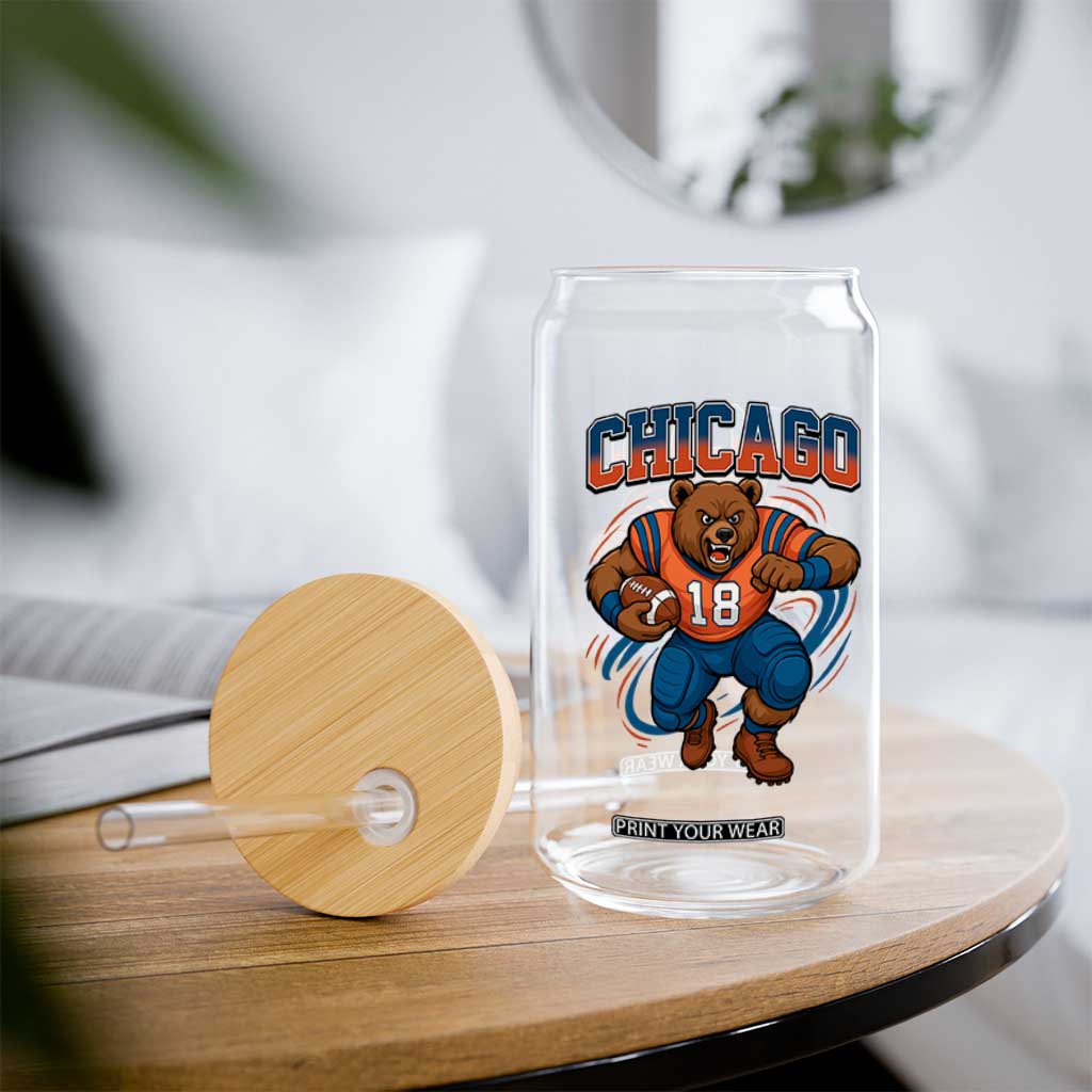 Fierce Football Bear Glass Can Chicago Fan Number 18 Bold Orange Game Day Spirit TS02 Print Your Wear