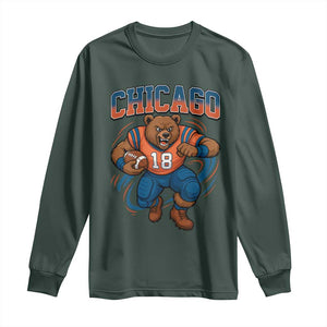 Fierce Football Bear Long Sleeve Shirt Chicago Fan Number 18 Bold Orange Game Day Spirit TS02 Dark Forest Green Print Your Wear
