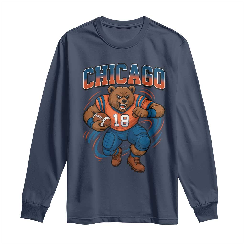 Fierce Football Bear Long Sleeve Shirt Chicago Fan Number 18 Bold Orange Game Day Spirit TS02 Navy Print Your Wear