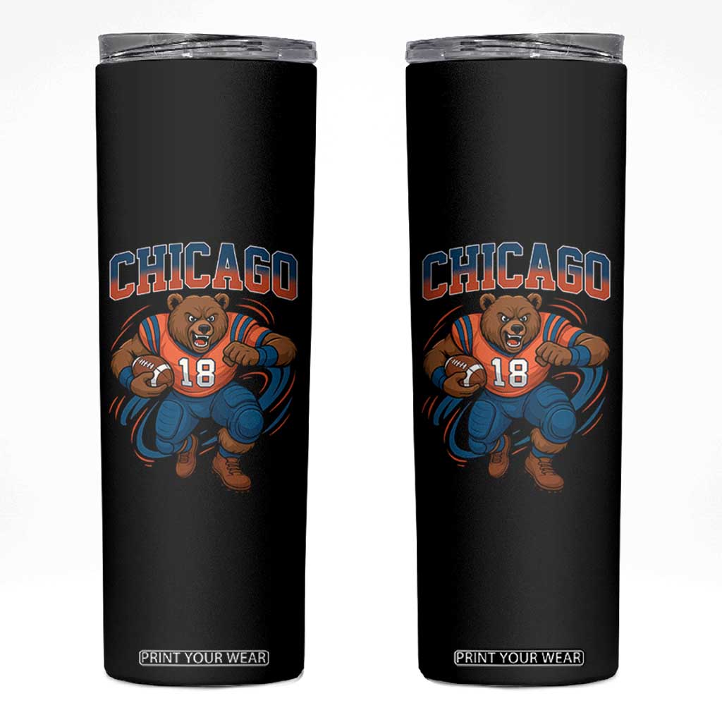Fierce Football Bear Skinny Tumbler Chicago Fan Number 18 Bold Orange Game Day Spirit TS02 Black Print Your Wear
