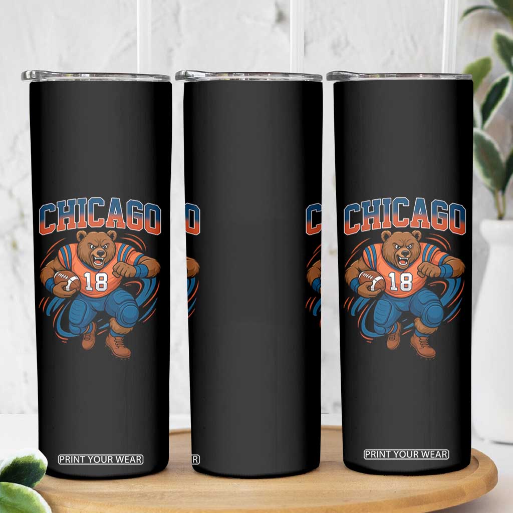 Fierce Football Bear Skinny Tumbler Chicago Fan Number 18 Bold Orange Game Day Spirit TS02 Print Your Wear