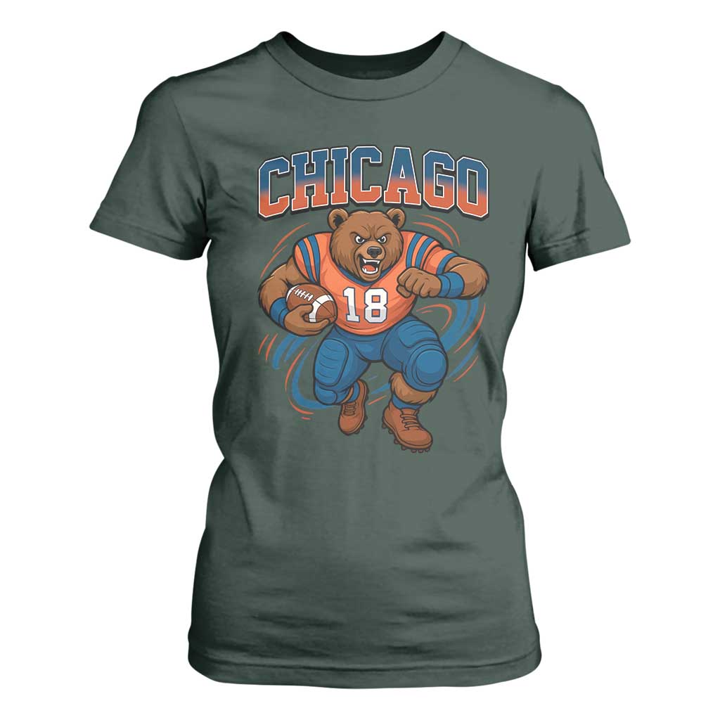Fierce Football Bear T Shirt For Women Chicago Fan Number 18 Bold Orange Game Day Spirit TS02 Dark Forest Green Print Your Wear