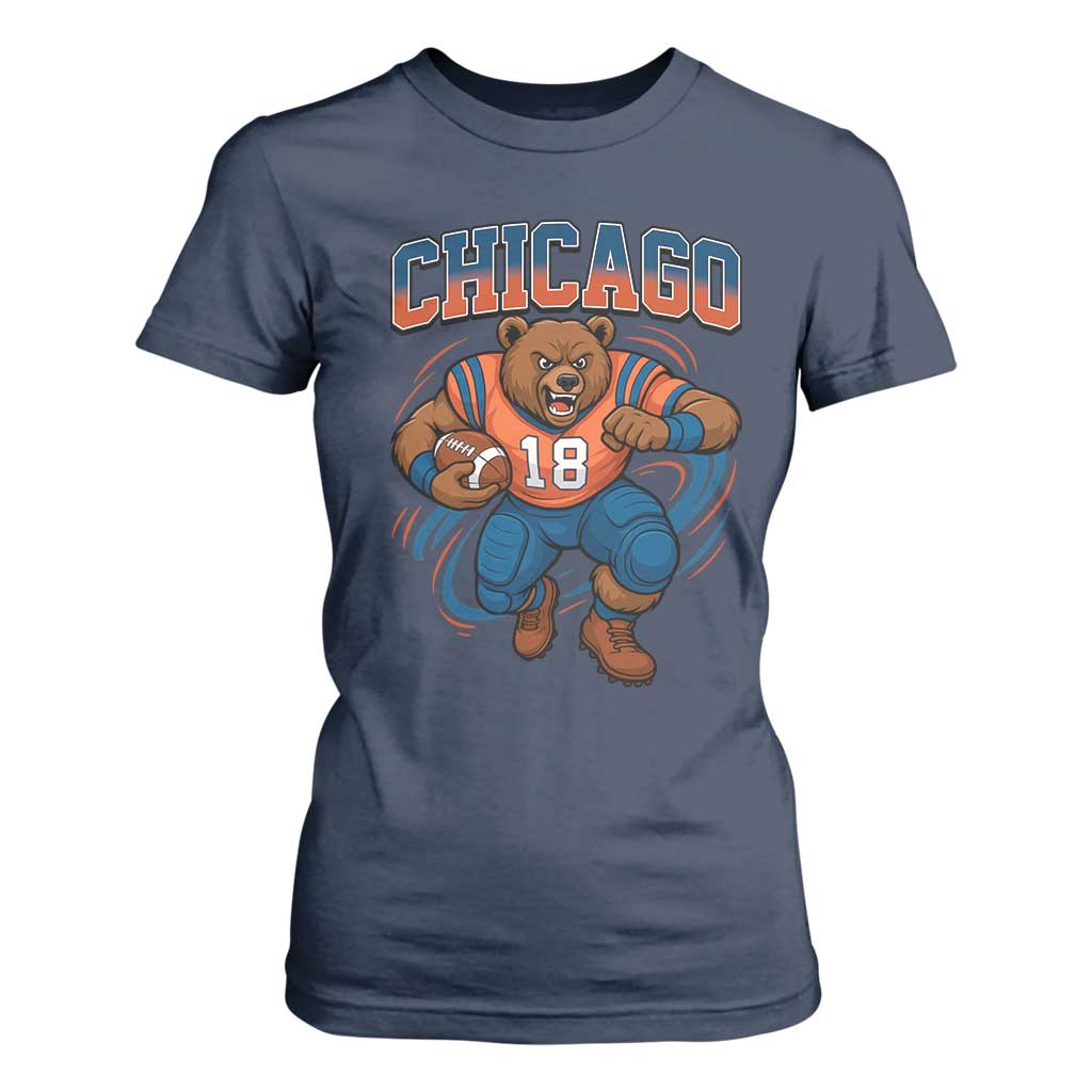 Fierce Football Bear T Shirt For Women Chicago Fan Number 18 Bold Orange Game Day Spirit TS02 Navy Print Your Wear