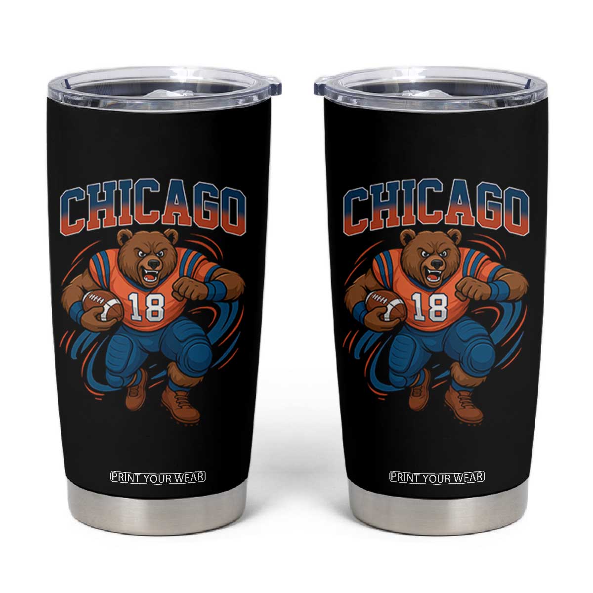 Fierce Football Bear Tumbler Cup Chicago Fan Number 18 Bold Orange Game Day Spirit TS02 Black Print Your Wear