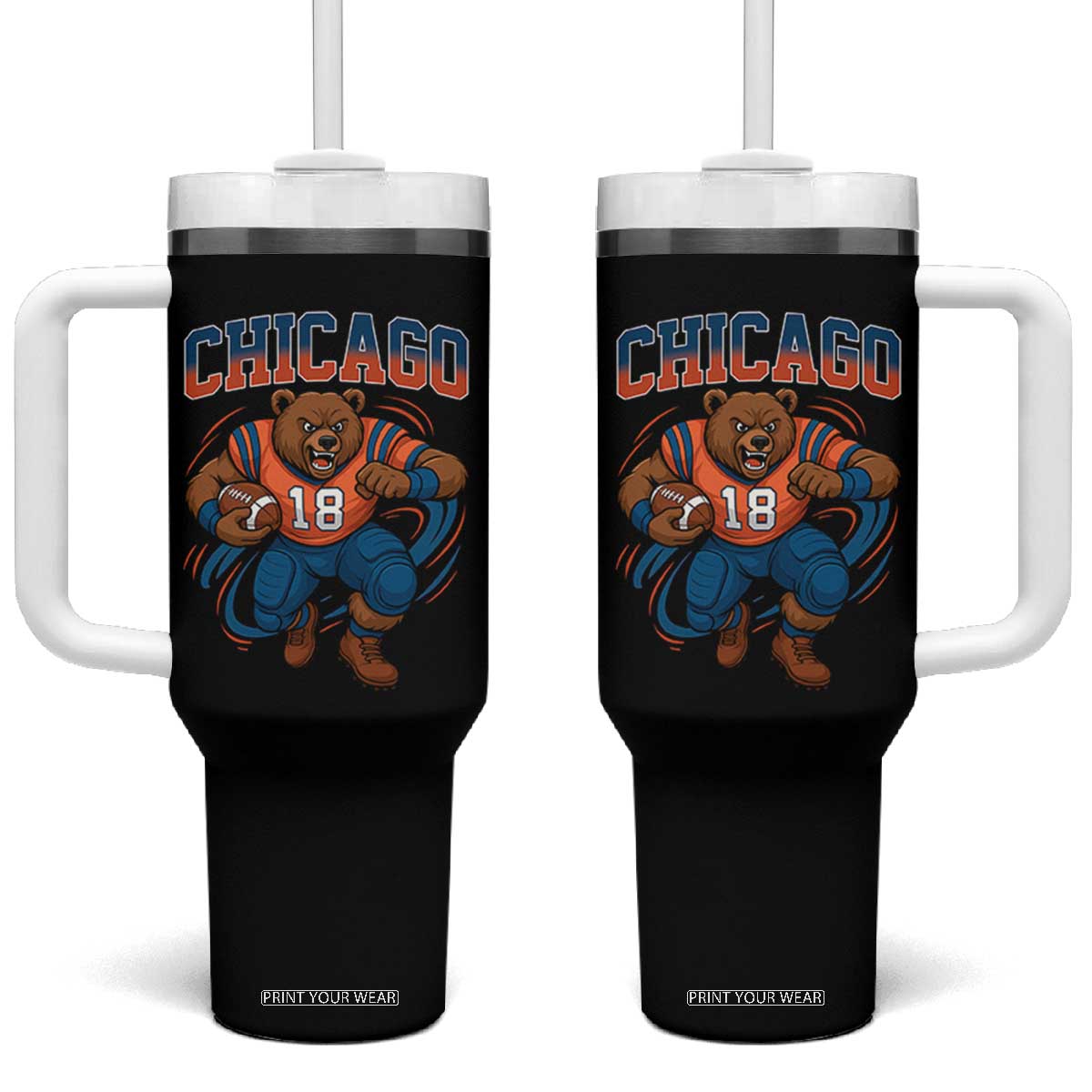 Fierce Football Bear Tumbler With Handle Chicago Fan Number 18 Bold Orange Game Day Spirit TS02 One Size: 40 oz Black Print Your Wear