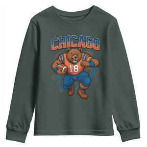 Fierce Football Bear Youth Sweatshirt Chicago Fan Number 18 Bold Orange Game Day Spirit TS02 Dark Forest Green Print Your Wear
