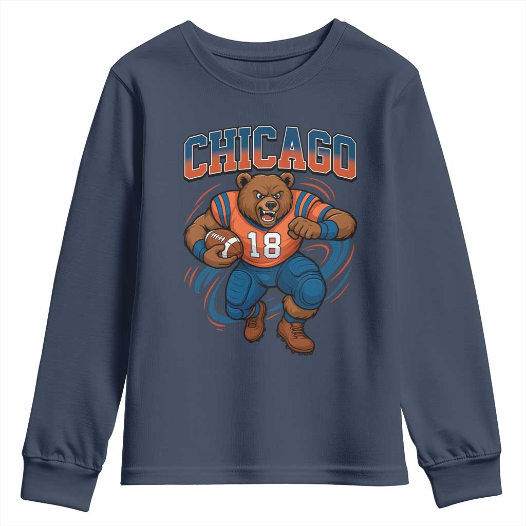 Fierce Football Bear Youth Sweatshirt Chicago Fan Number 18 Bold Orange Game Day Spirit TS02 Navy Print Your Wear