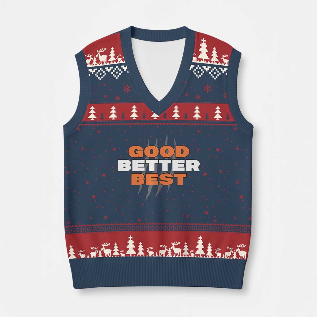 Good Better Best Chicago Football Inspirational V-Neck Knit Sweater Vest Fierce Bears Claw Graphic for Fan TS02 Navy Red Print Your Wear