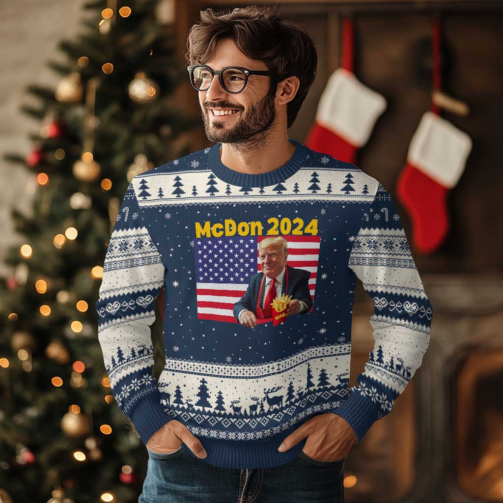 Funny Trump French Fries Ugly Christmas Sweater McDon 2024 Cooking Fry American Flag TS02 Navy Beige Print Your Wear