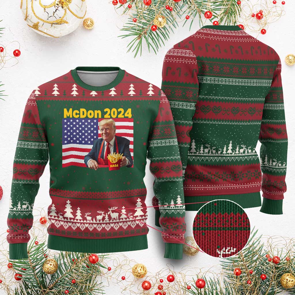 Funny Trump French Fries Ugly Christmas Sweater McDon 2024 Cooking Fry American Flag TS02 Red Green Print Your Wear