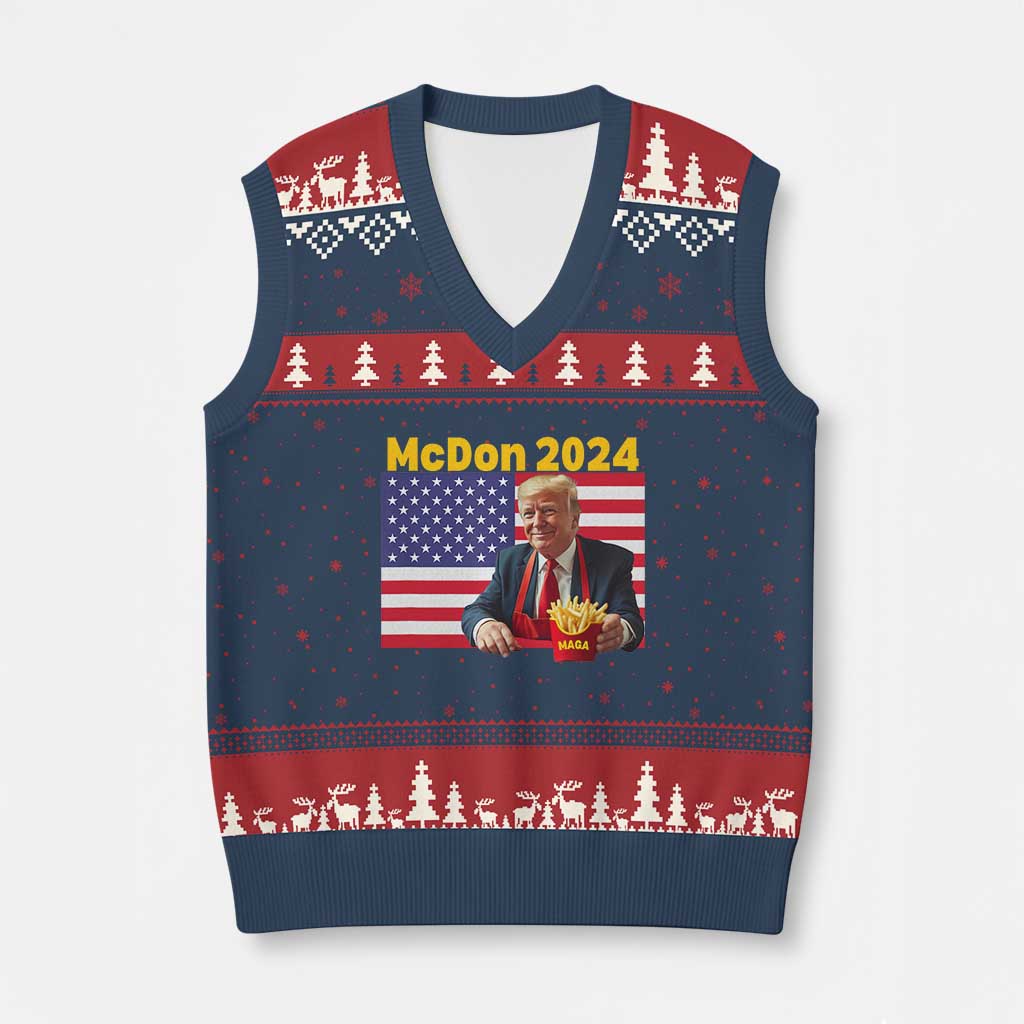 Funny Trump French Fries V-Neck Knit Sweater Vest McDon 2024 Cooking Fry American Flag TS02 Navy Red Print Your Wear