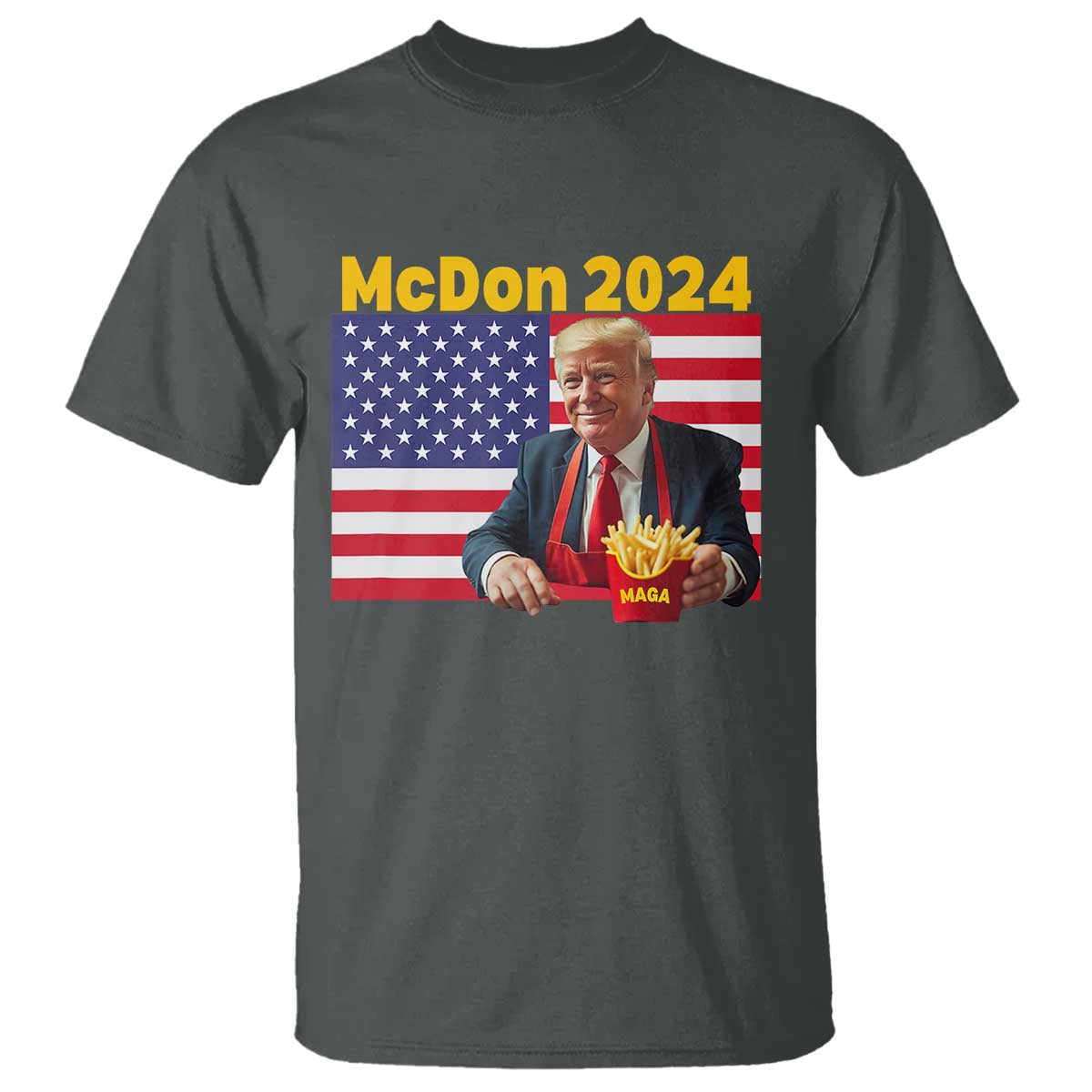 Funny Trump French Fries T Shirt McDon 2024 Cooking Fry American Flag TS02 Dark Heather Print Your Wear