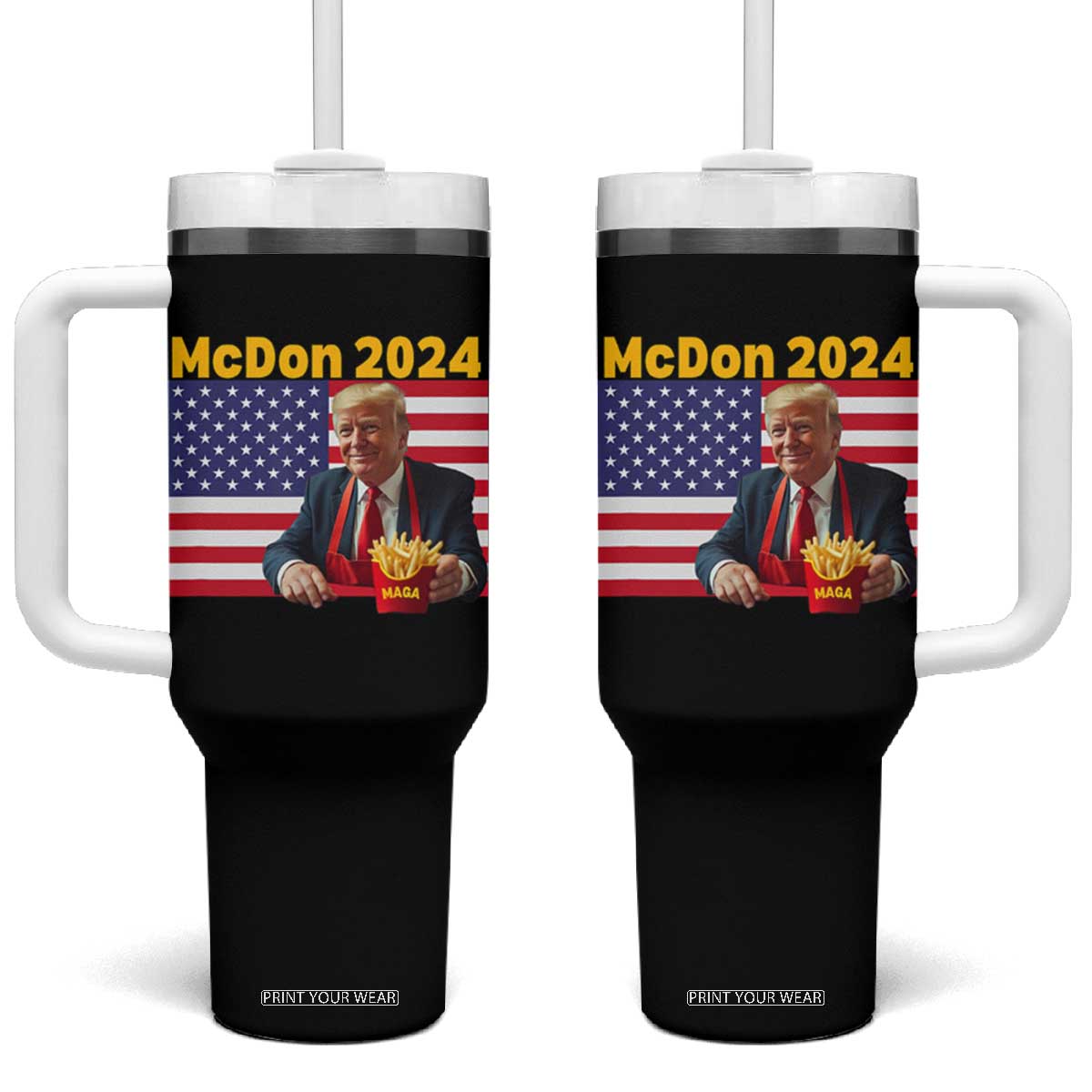 Funny Trump French Fries Tumbler With Handle McDon 2024 Cooking Fry American Flag TS02 One Size: 40 oz Black Print Your Wear
