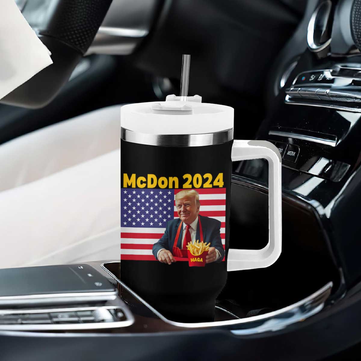 Funny Trump French Fries Tumbler With Handle McDon 2024 Cooking Fry American Flag TS02 Print Your Wear