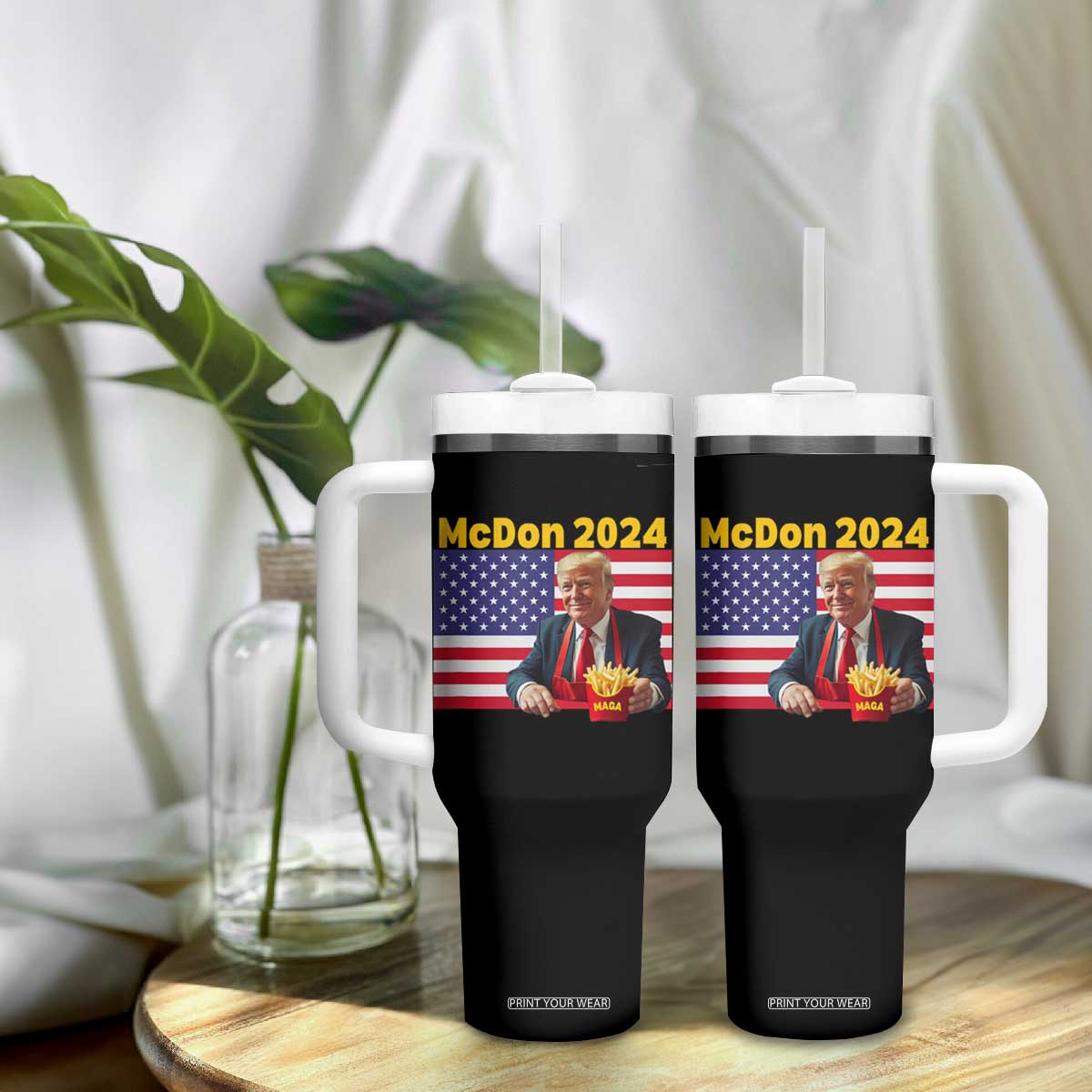 Funny Trump French Fries Tumbler With Handle McDon 2024 Cooking Fry American Flag TS02 Print Your Wear