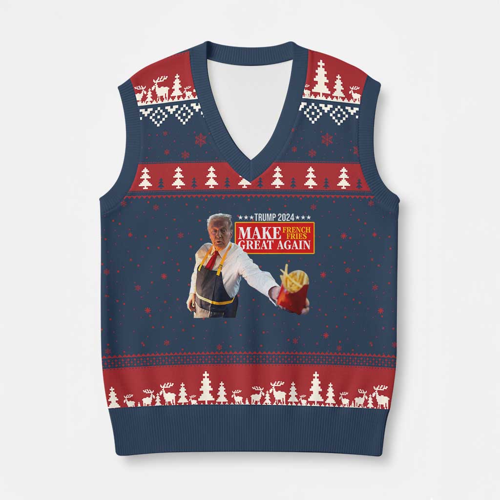 Funny Trump Fry 2024 V-Neck Knit Sweater Vest Make French Fries Great Again TS02 Navy Red Print Your Wear