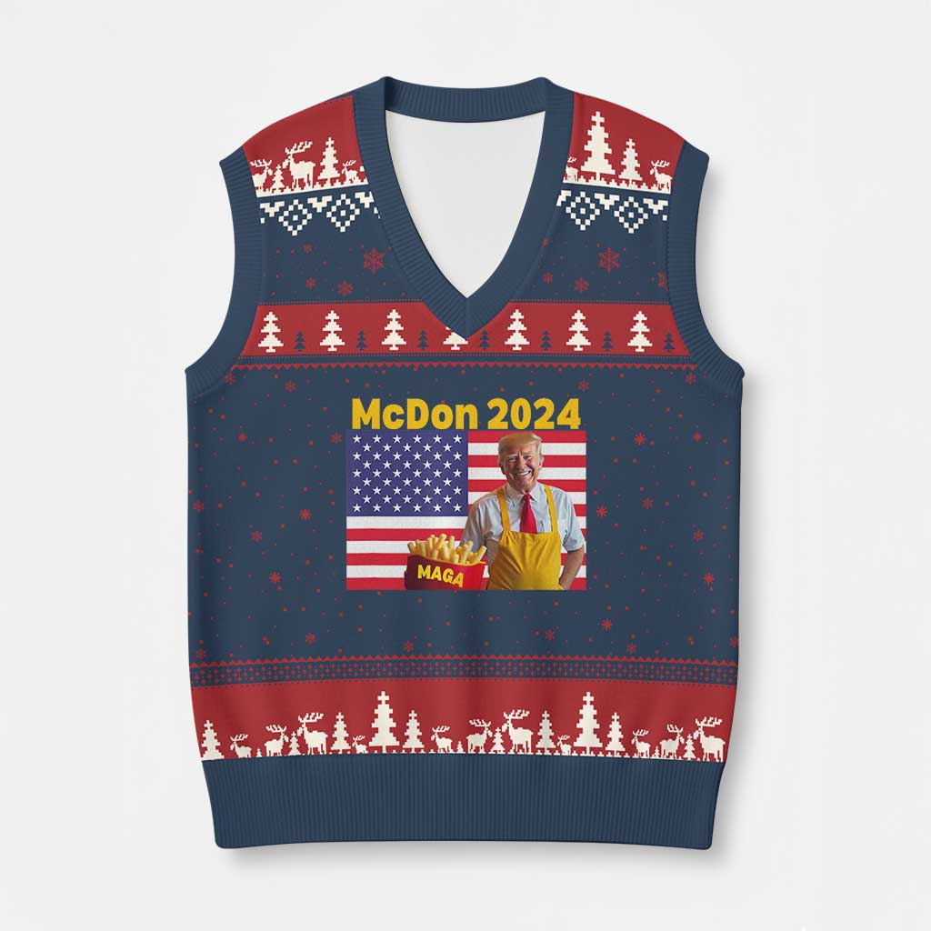 Funny Trump French Fries V-Neck Knit Sweater Vest McDon 2024 American Flag Cooking Fry TS02 Navy Red Print Your Wear