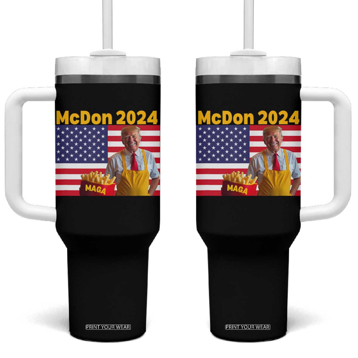 Funny Trump French Fries Tumbler With Handle McDon 2024 American Flag Cooking Fry TS02 One Size: 40 oz Black Print Your Wear