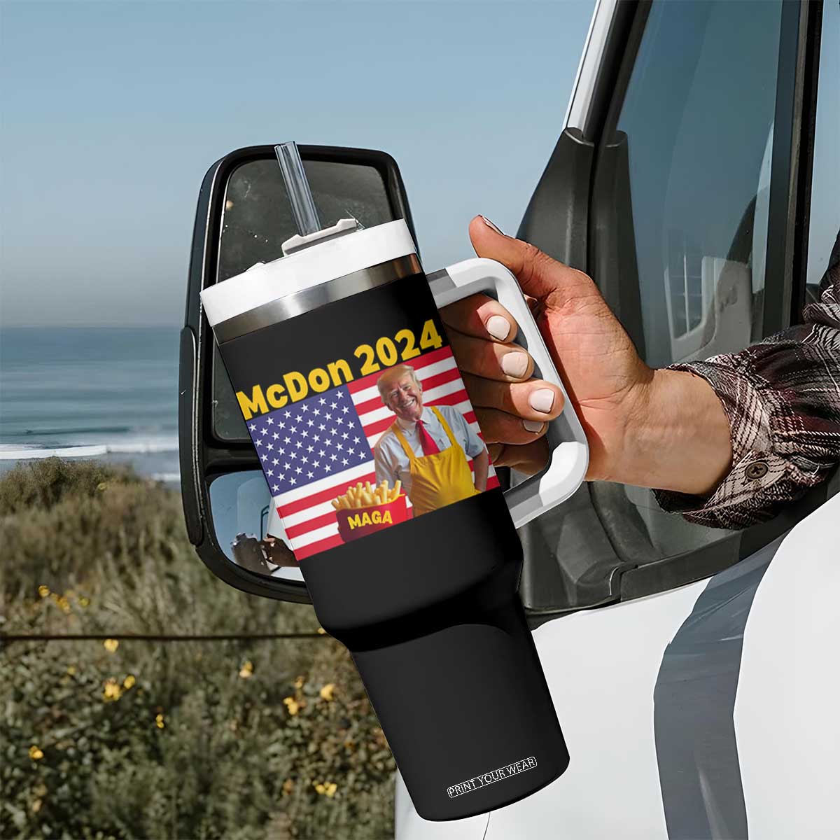 Funny Trump French Fries Tumbler With Handle McDon 2024 American Flag Cooking Fry TS02 Print Your Wear