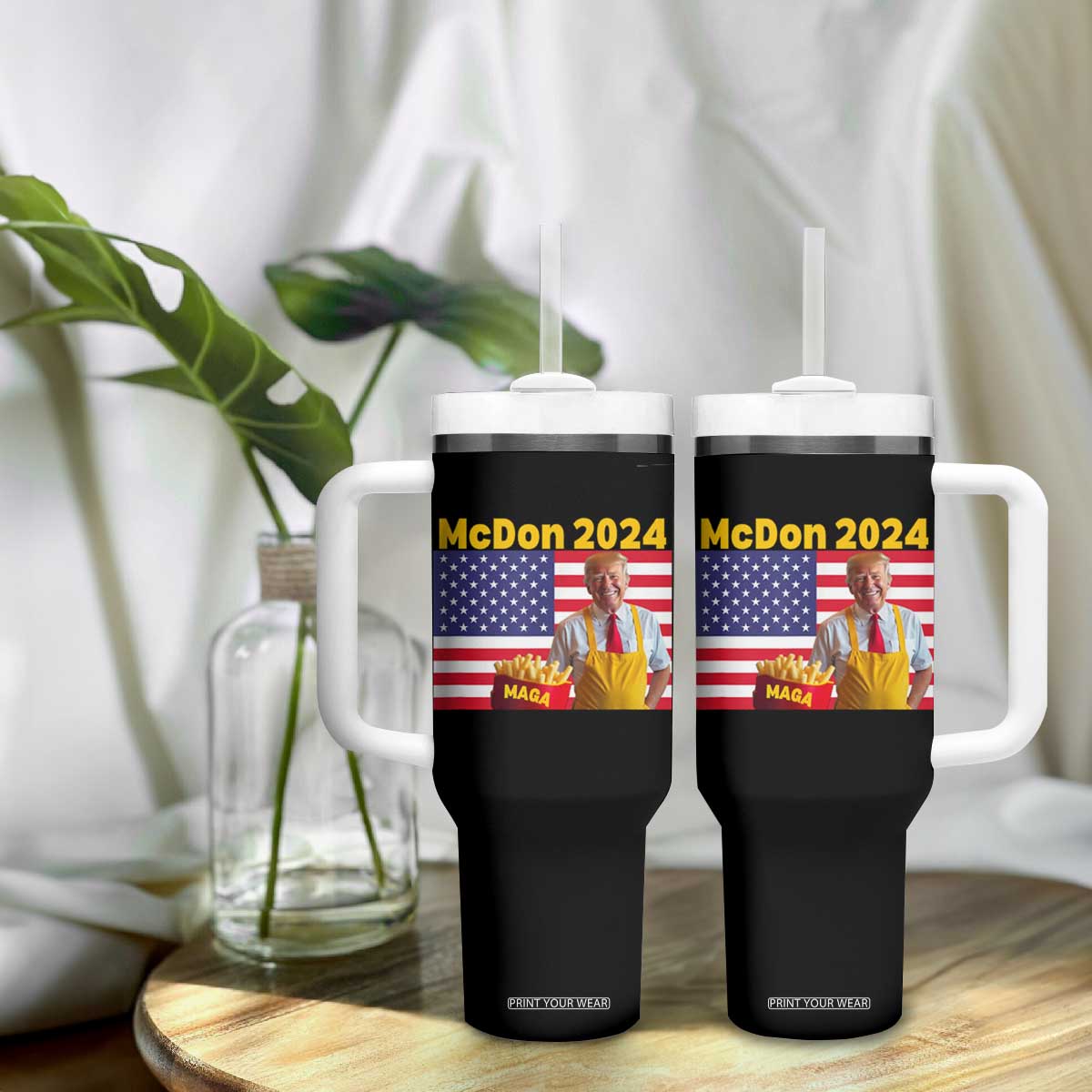 Funny Trump French Fries Tumbler With Handle McDon 2024 American Flag Cooking Fry TS02 Print Your Wear