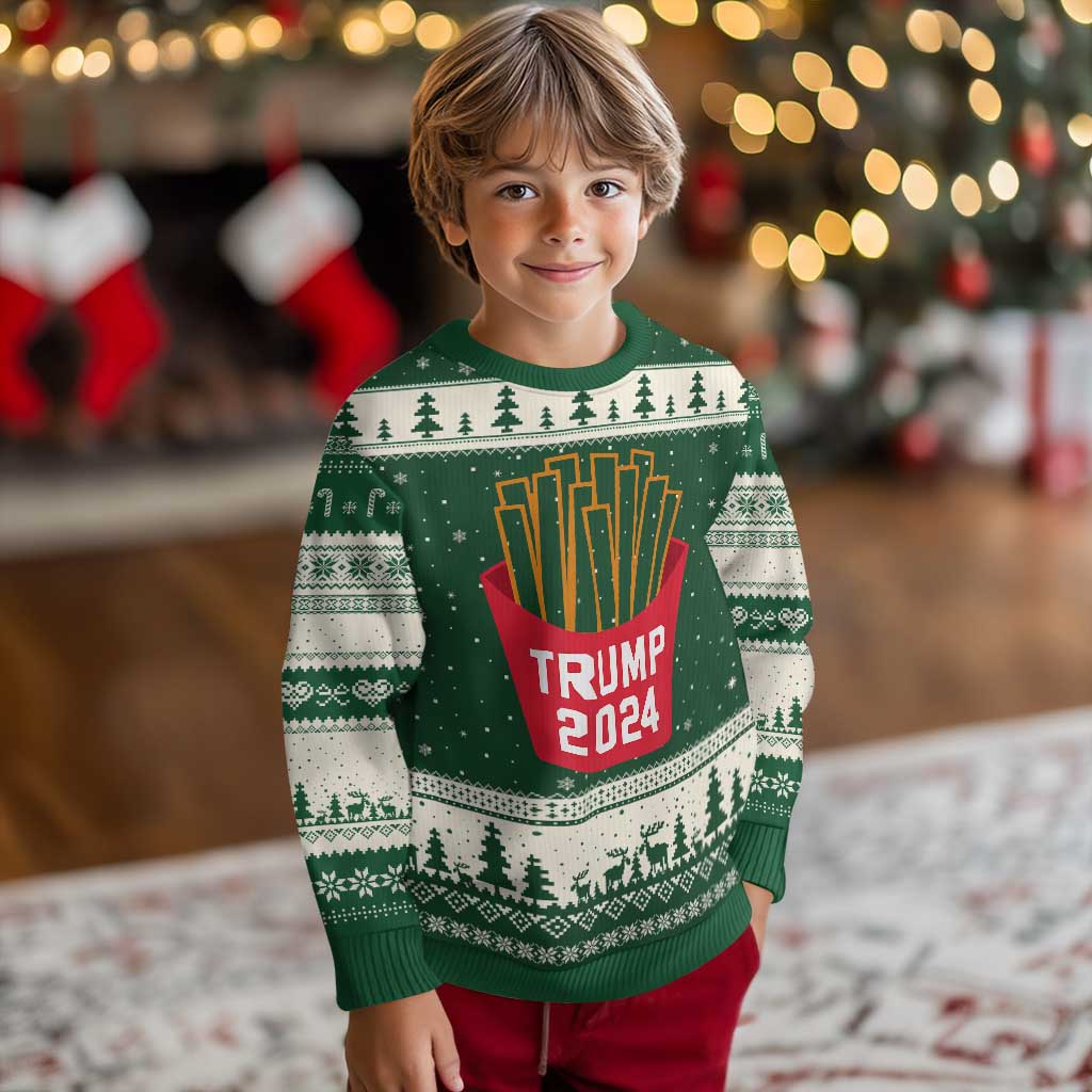 Funny Trump 2024 French Fries Ugly Christmas Sweater Fast Food Lover TS02 Forest Green Beige Print Your Wear
