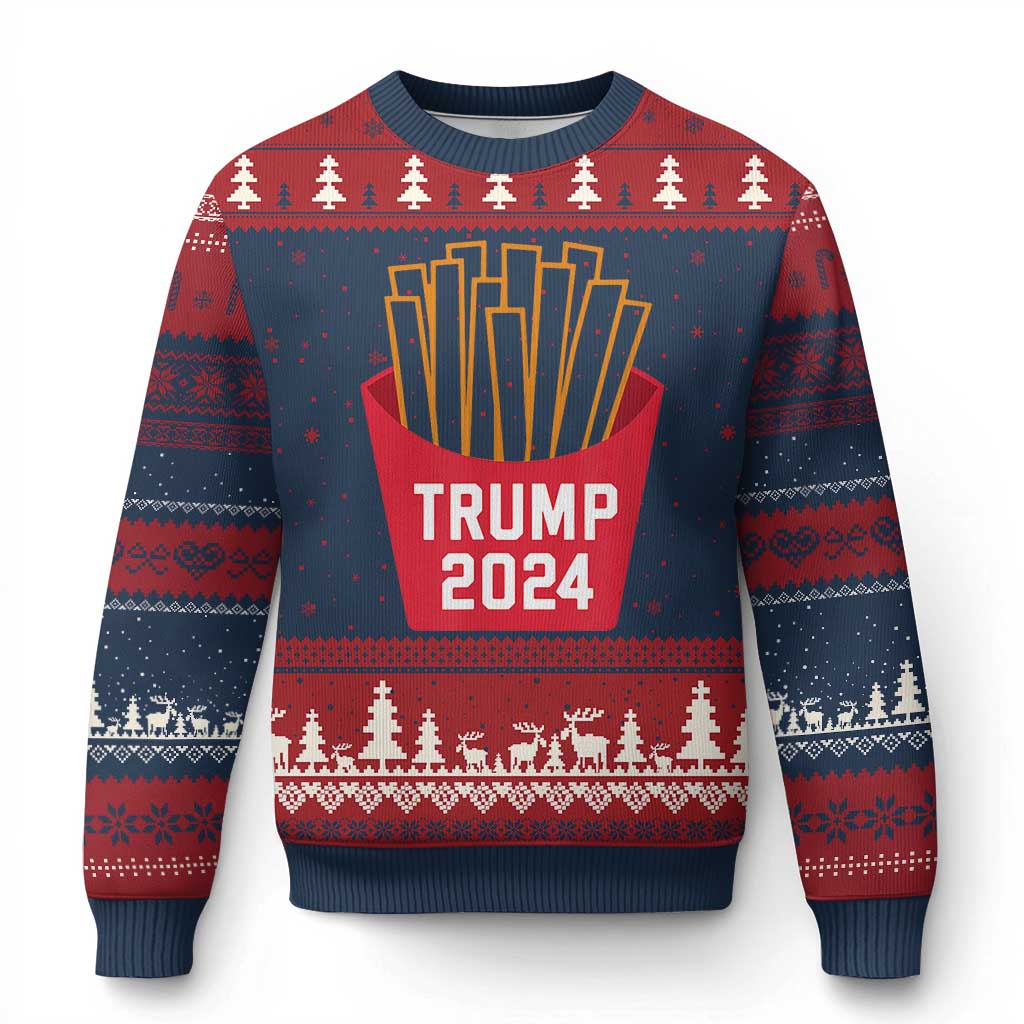 Funny Trump 2024 French Fries Ugly Christmas Sweater Fast Food Lover TS02 Navy Red Print Your Wear